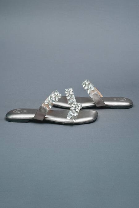 Shop_Sana K luxurious Footwear_Silver Bloom Stone Embellished Open Toe Carats Flats _Online_at_Aza_Fashions