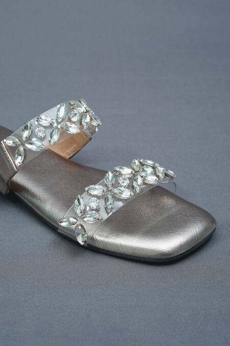 Sana K luxurious Footwear_Silver Bloom Stone Embellished Open Toe Carats Flats _at_Aza_Fashions