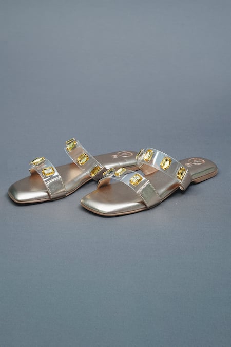 Shop Sana K luxurious Footwear Gold Quad Stone Embellished Open Toe Carats Flats at Aza Fashions Shop_Sana K luxurious Footwear_Gold Quad Stone Embellished Open Toe Carats Flats _at_Aza_Fashions