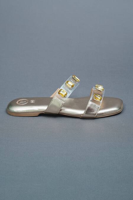 Sana K luxurious Footwear Gold Quad Stone Embellished Open Toe Carats Flats Online at Aza Fashions Sana K luxurious Footwear_Gold Quad Stone Embellished Open Toe Carats Flats _Online_at_Aza_Fashions