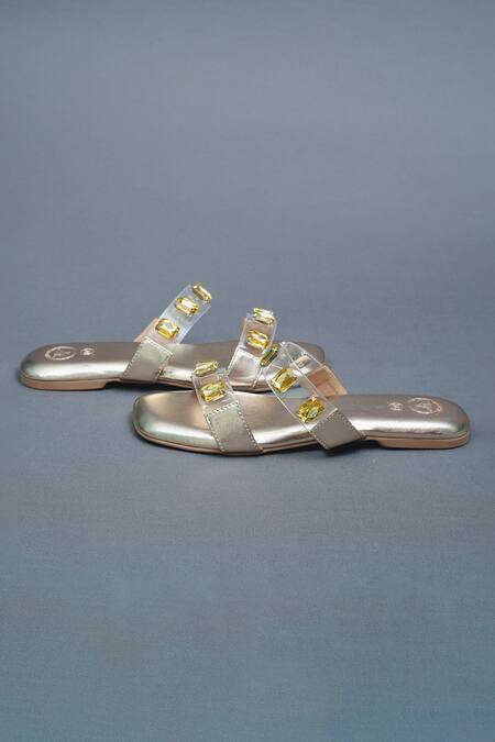 Shop Sana K luxurious Footwear Gold Quad Stone Embellished Open Toe Carats Flats Online at Aza Fashions Shop_Sana K luxurious Footwear_Gold Quad Stone Embellished Open Toe Carats Flats _Online_at_Aza_Fashions