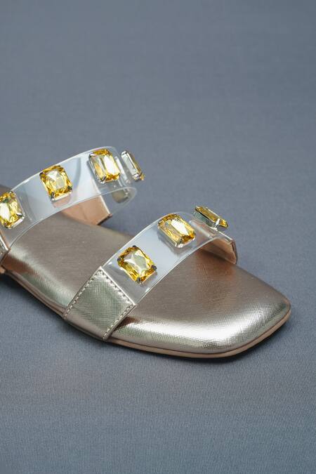 Sana K luxurious Footwear Gold Quad Stone Embellished Open Toe Carats Flats at Aza Fashions Sana K luxurious Footwear_Gold Quad Stone Embellished Open Toe Carats Flats _at_Aza_Fashions