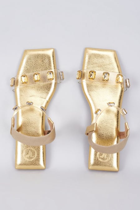 Shop Sana K luxurious Footwear Gold Quad Stone Embellished Open Toe Elasty Flats at Aza Fashions Shop_Sana K luxurious Footwear_Gold Quad Stone Embellished Open Toe Elasty Flats _at_Aza_Fashions