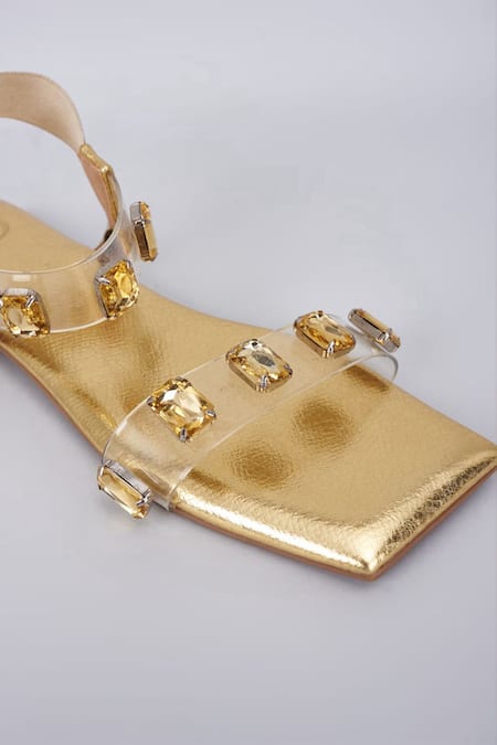 Shop Sana K luxurious Footwear Gold Quad Stone Embellished Open Toe Elasty Flats Online at Aza Fashions Shop_Sana K luxurious Footwear_Gold Quad Stone Embellished Open Toe Elasty Flats _Online_at_Aza_Fashions