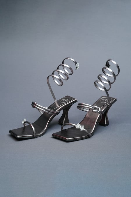 Shop Sana K luxurious Footwear Grey Crystals Rhinestone Butterfly Embellished Gun Metal Heels at Aza Fashions Shop_Sana K luxurious Footwear_Grey Crystals Rhinestone Butterfly Embellished Gun Metal Heels _at_Aza_Fashions