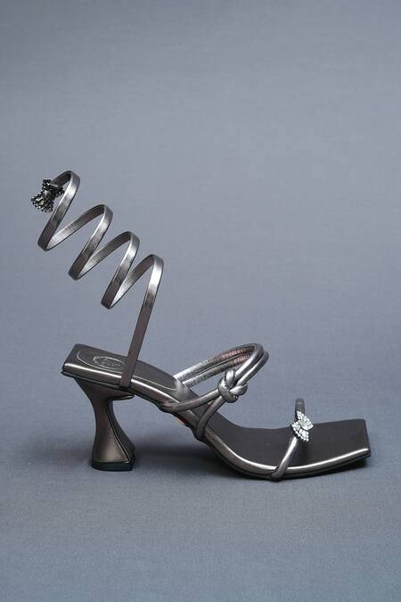 Sana K luxurious Footwear Grey Crystals Rhinestone Butterfly Embellished Gun Metal Heels Online at Aza Fashions Sana K luxurious Footwear_Grey Crystals Rhinestone Butterfly Embellished Gun Metal Heels _Online_at_Aza_Fashions