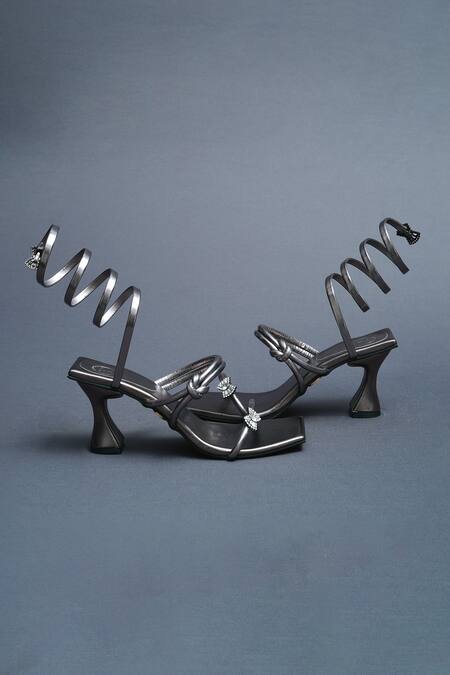 Sana K luxurious Footwear Grey Crystals Rhinestone Butterfly Embellished Gun Metal Heels at Aza Fashions Sana K luxurious Footwear_Grey Crystals Rhinestone Butterfly Embellished Gun Metal Heels _at_Aza_Fashions