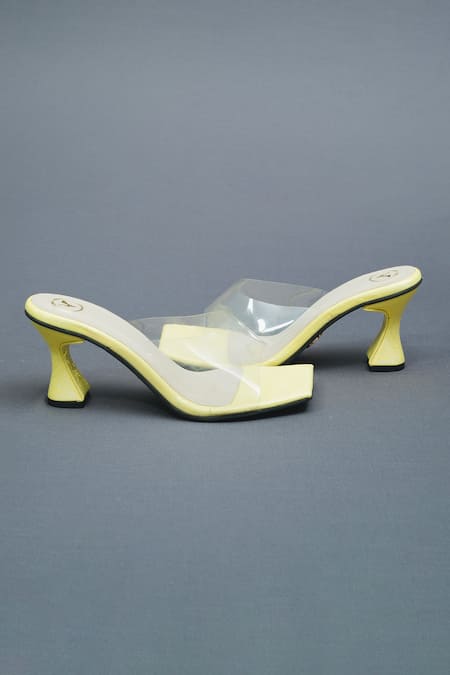 Shop Sana K luxurious Footwear Yellow Le Transparent Strap Slip On Heels at Aza Fashions Shop_Sana K luxurious Footwear_Yellow Le Transparent Strap Slip On Heels _at_Aza_Fashions