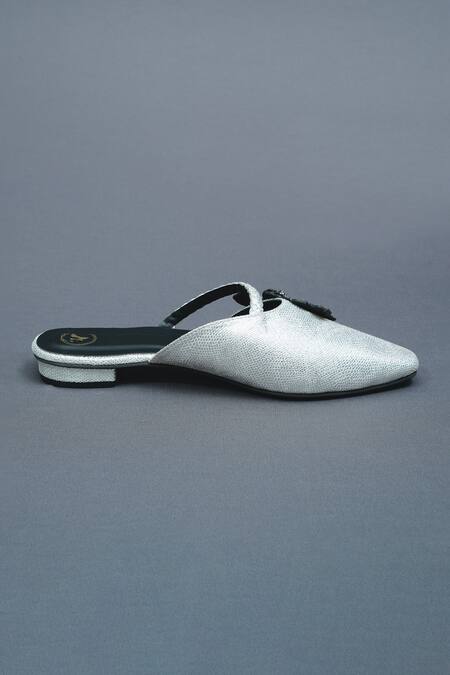 Buy Sana K luxurious Footwear Silver Metallic Lilly Bloom Mules Flats Online at Aza Fashions Buy_Sana K luxurious Footwear_Silver Metallic Lilly Bloom Mules Flats _Online_at_Aza_Fashions