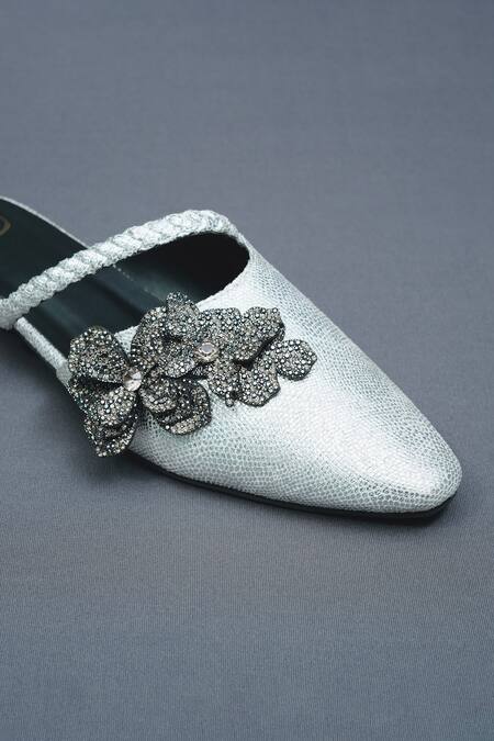 Shop Sana K luxurious Footwear Silver Metallic Lilly Bloom Mules Flats Online at Aza Fashions Shop_Sana K luxurious Footwear_Silver Metallic Lilly Bloom Mules Flats _Online_at_Aza_Fashions