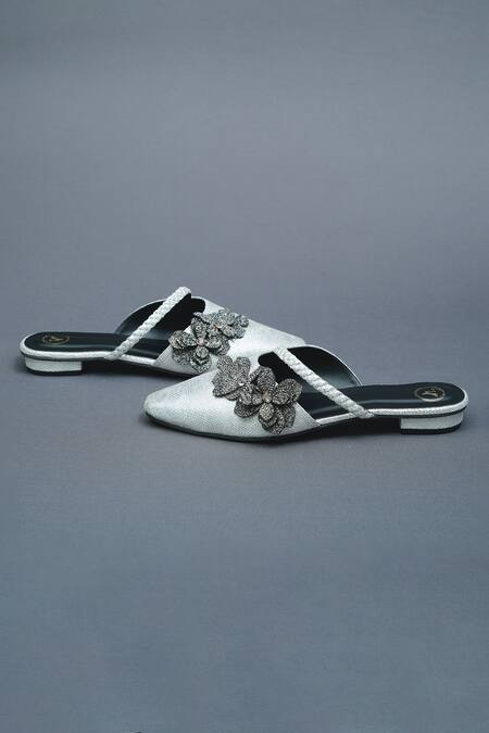 Sana K luxurious Footwear Silver Metallic Lilly Bloom Mules Flats at Aza Fashions Sana K luxurious Footwear_Silver Metallic Lilly Bloom Mules Flats _at_Aza_Fashions