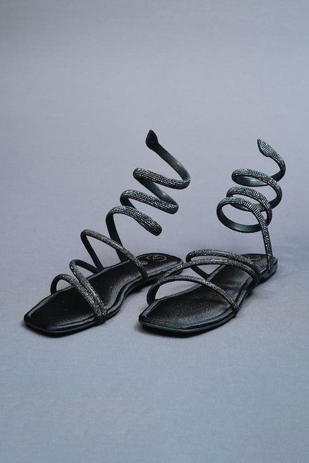 Sana K luxurious Footwear Panther Rhinestone Embellished Gladiator Flats 