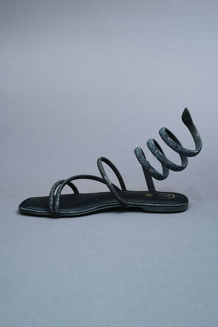 Sana K luxurious Footwear_Black Panther Rhinestone Embellished Gladiator Flats _Online_at_Aza_Fashions