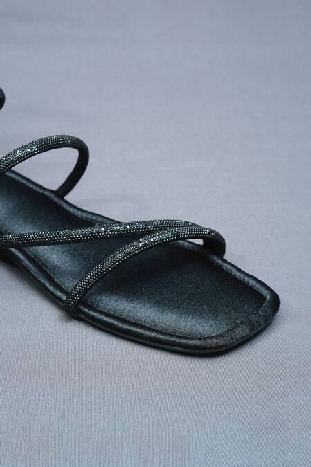 Shop_Sana K luxurious Footwear_Black Panther Rhinestone Embellished Gladiator Flats _Online_at_Aza_Fashions