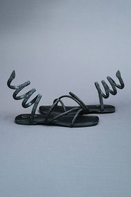 Sana K luxurious Footwear_Black Panther Rhinestone Embellished Gladiator Flats _at_Aza_Fashions