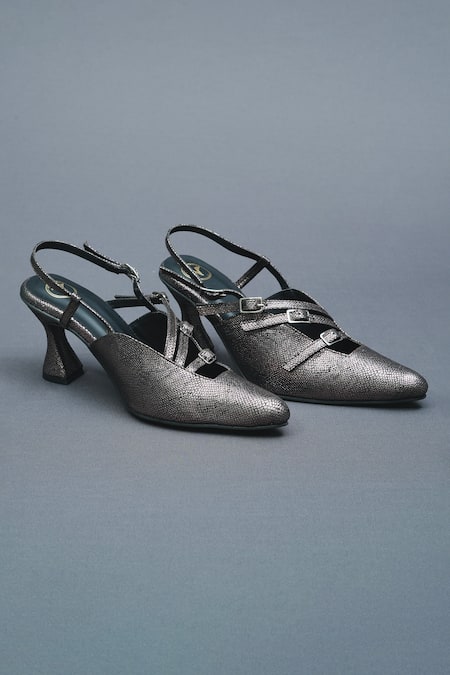 Sana K luxurious Footwear Grey Buckles Perry Shimmery Textured Heels