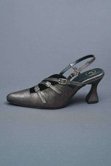 Buy_Sana K luxurious Footwear_Grey Buckles Perry Shimmery Textured Heels _Online_at_Aza_Fashions