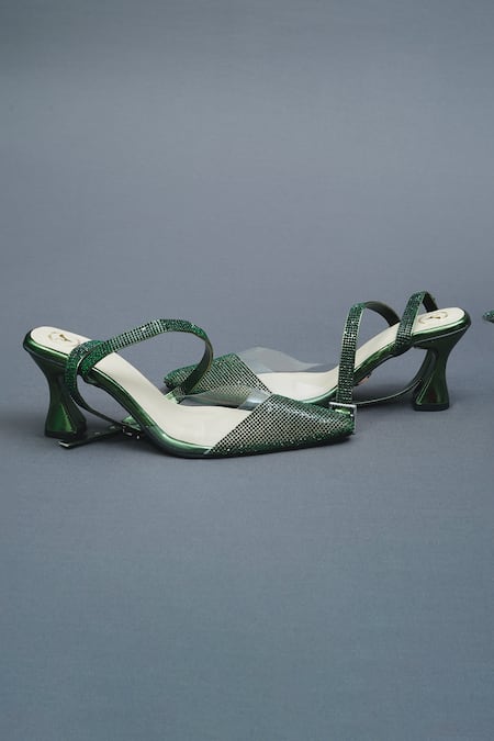 Shop Sana K luxurious Footwear Green Rhinestones Sleek Cheek Embellished Heels at Aza Fashions Shop_Sana K luxurious Footwear_Green Rhinestones Sleek Cheek Embellished Heels _at_Aza_Fashions