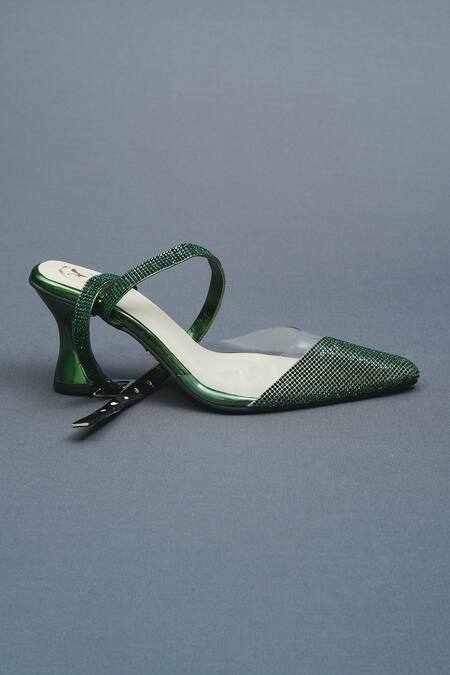 Sana K luxurious Footwear Green Rhinestones Sleek Cheek Embellished Heels Online at Aza Fashions Sana K luxurious Footwear_Green Rhinestones Sleek Cheek Embellished Heels _Online_at_Aza_Fashions