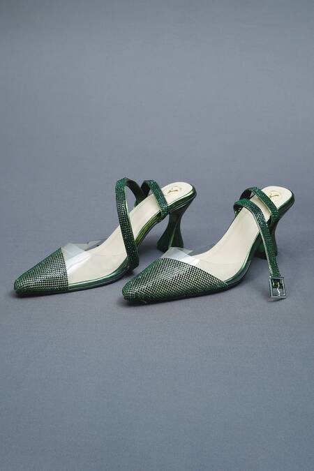 Shop Sana K luxurious Footwear Green Rhinestones Sleek Cheek Embellished Heels Online at Aza Fashions Shop_Sana K luxurious Footwear_Green Rhinestones Sleek Cheek Embellished Heels _Online_at_Aza_Fashions