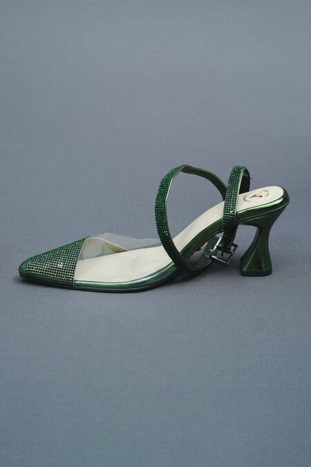 Sana K luxurious Footwear Green Rhinestones Sleek Cheek Embellished Heels at Aza Fashions Sana K luxurious Footwear_Green Rhinestones Sleek Cheek Embellished Heels _at_Aza_Fashions