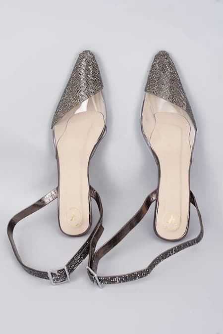 Shop Sana K luxurious Footwear Grey Rhinestones Sleek Cheek Embellished Gun Metal Heels at Aza Fashions Shop_Sana K luxurious Footwear_Grey Rhinestones Sleek Cheek Embellished Gun Metal Heels _at_Aza_Fashions