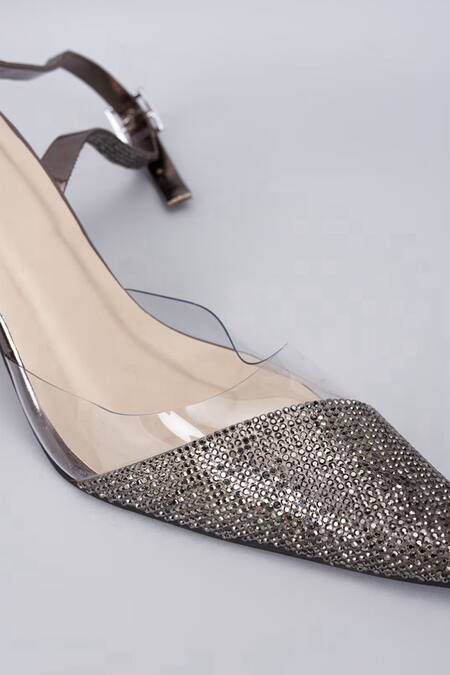 Sana K luxurious Footwear Grey Rhinestones Sleek Cheek Embellished Gun Metal Heels Online at Aza Fashions Sana K luxurious Footwear_Grey Rhinestones Sleek Cheek Embellished Gun Metal Heels _Online_at_Aza_Fashions