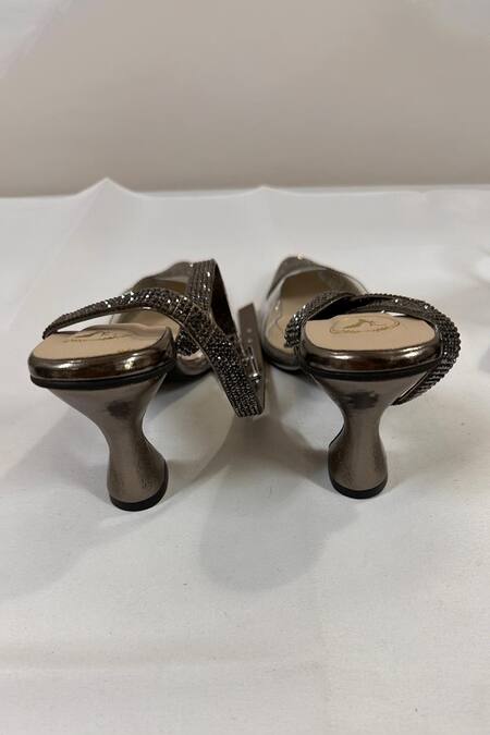 Shop Sana K luxurious Footwear Grey Rhinestones Sleek Cheek Embellished Gun Metal Heels Online at Aza Fashions Shop_Sana K luxurious Footwear_Grey Rhinestones Sleek Cheek Embellished Gun Metal Heels _Online_at_Aza_Fashions