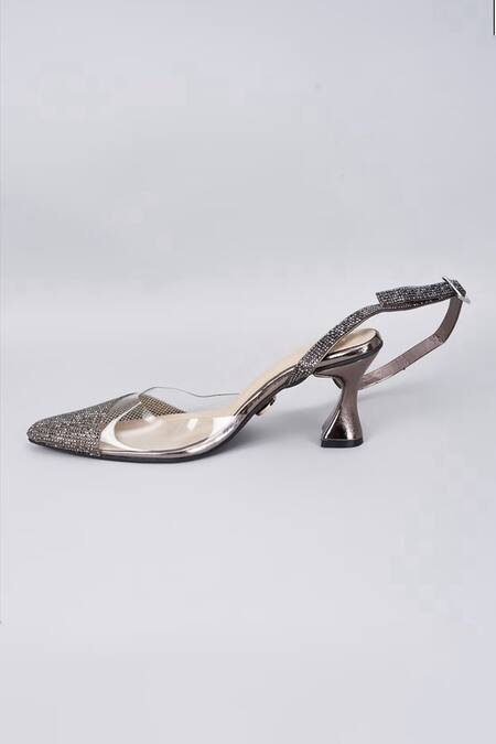 Sana K luxurious Footwear Grey Rhinestones Sleek Cheek Embellished Gun Metal Heels at Aza Fashions Sana K luxurious Footwear_Grey Rhinestones Sleek Cheek Embellished Gun Metal Heels _at_Aza_Fashions