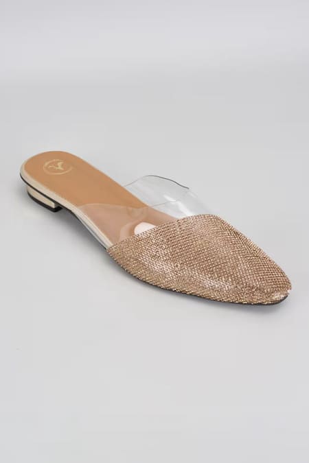 Sana K luxurious Footwear Gold Sleek Cheek Rhinestone Embellished Mule Flats