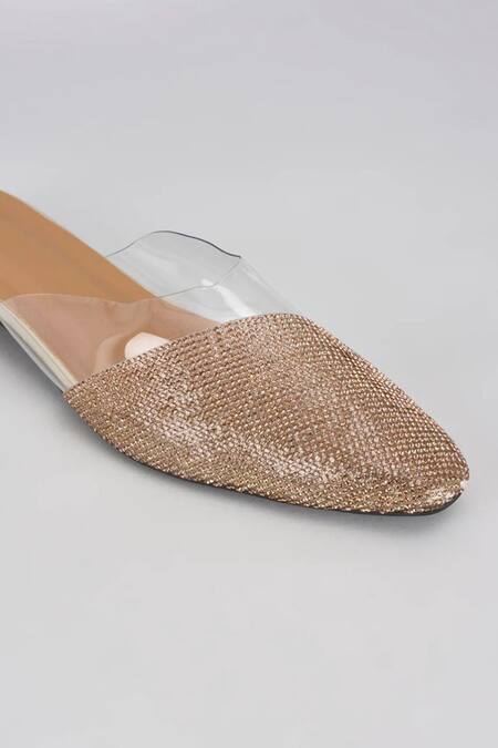 Sana K luxurious Footwear Gold Sleek Cheek Rhinestone Embellished Mule Flats Online at Aza Fashions Sana K luxurious Footwear_Gold Sleek Cheek Rhinestone Embellished Mule Flats _Online_at_Aza_Fashions