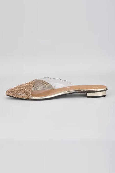 Buy Sana K luxurious Footwear Gold Sleek Cheek Rhinestone Embellished Mule Flats Online at Aza Fashions Buy_Sana K luxurious Footwear_Gold Sleek Cheek Rhinestone Embellished Mule Flats _Online_at_Aza_Fashions
