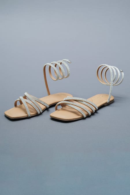 Shop Sana K luxurious Footwear Beige Rhinestone Spring Embellished Flats at Aza Fashions Shop_Sana K luxurious Footwear_Beige Rhinestone Spring Embellished Flats _at_Aza_Fashions