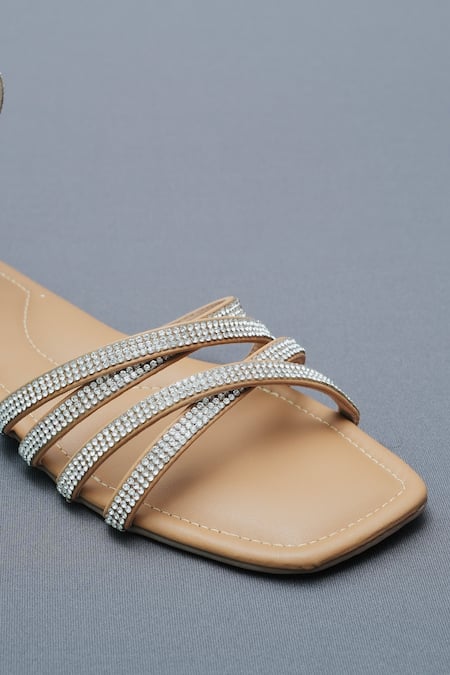 Shop Sana K luxurious Footwear Beige Rhinestone Spring Embellished Flats Online at Aza Fashions Shop_Sana K luxurious Footwear_Beige Rhinestone Spring Embellished Flats _Online_at_Aza_Fashions