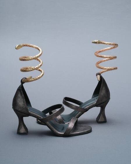 Sana K luxurious Footwear_Brown Rhinestones Spring Animal Skin Textured Heels Set _Online_at_Aza_Fashions