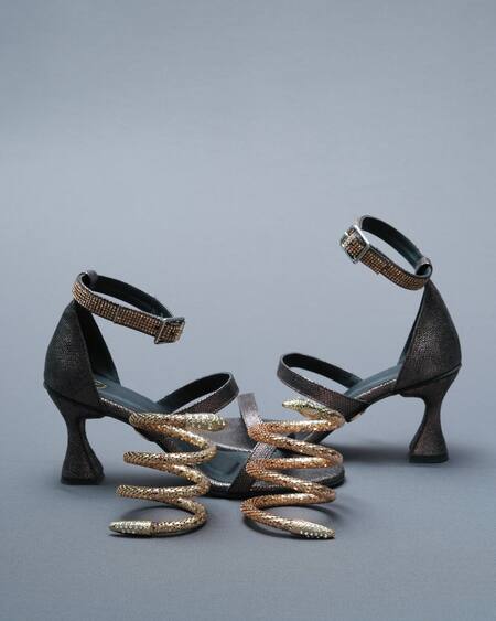 Buy_Sana K luxurious Footwear_Brown Rhinestones Spring Animal Skin Textured Heels Set _Online_at_Aza_Fashions