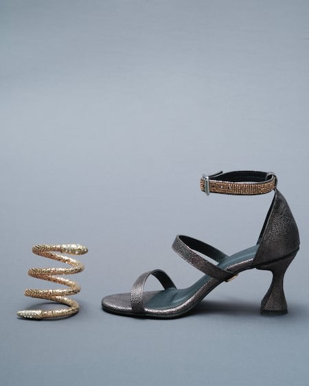 Shop_Sana K luxurious Footwear_Brown Rhinestones Spring Animal Skin Textured Heels Set _Online_at_Aza_Fashions