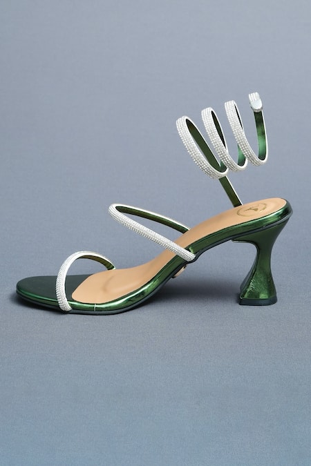 Shop Sana K luxurious Footwear Green Rhinestones Strap Spring Embellished Heels at Aza Fashions Shop_Sana K luxurious Footwear_Green Rhinestones Strap Spring Embellished Heels _at_Aza_Fashions