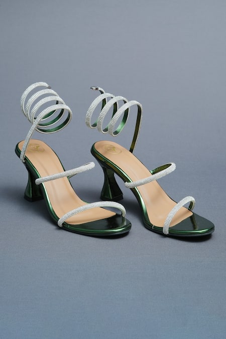 Sana K luxurious Footwear Green Rhinestones Strap Spring Embellished Heels Online at Aza Fashions Sana K luxurious Footwear_Green Rhinestones Strap Spring Embellished Heels _Online_at_Aza_Fashions