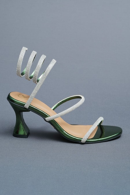 Buy Sana K luxurious Footwear Green Rhinestones Strap Spring Embellished Heels Online at Aza Fashions Buy_Sana K luxurious Footwear_Green Rhinestones Strap Spring Embellished Heels _Online_at_Aza_Fashions