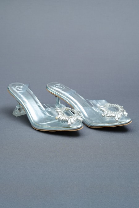 Shop Sana K luxurious Footwear Silver Crystals Star Swarovski Bloom Embellished Clear Heels at Aza Fashions Shop_Sana K luxurious Footwear_Silver Crystals Star Swarovski Bloom Embellished Clear Heels _at_Aza_Fashions