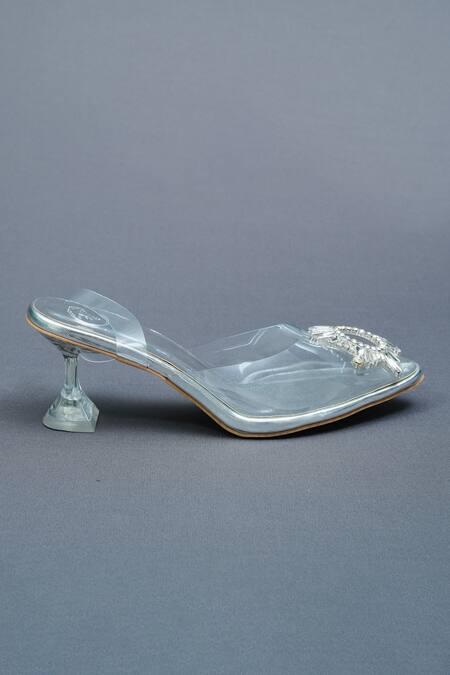 Sana K luxurious Footwear Silver Crystals Star Swarovski Bloom Embellished Clear Heels Online at Aza Fashions Sana K luxurious Footwear_Silver Crystals Star Swarovski Bloom Embellished Clear Heels _Online_at_Aza_Fashions