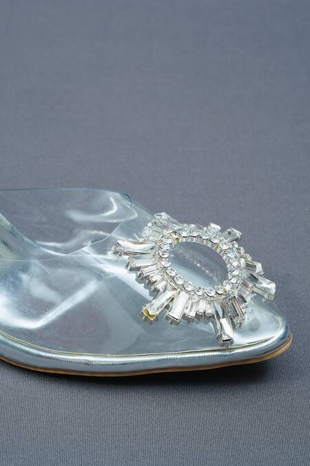 Shop Sana K luxurious Footwear Silver Crystals Star Swarovski Bloom Embellished Clear Heels Online at Aza Fashions Shop_Sana K luxurious Footwear_Silver Crystals Star Swarovski Bloom Embellished Clear Heels _Online_at_Aza_Fashions