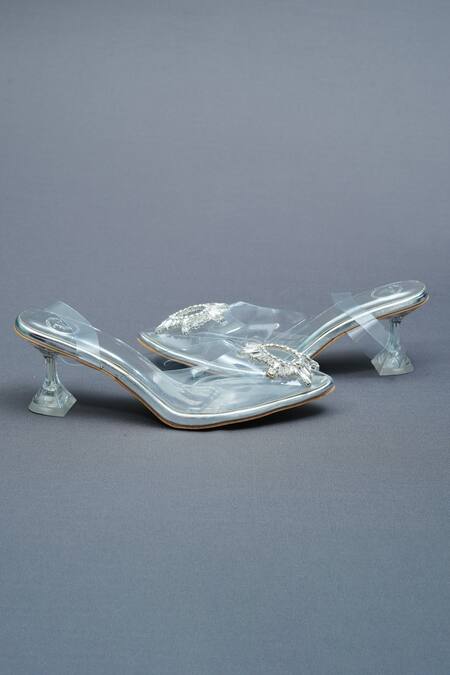 Sana K luxurious Footwear Silver Crystals Star Swarovski Bloom Embellished Clear Heels at Aza Fashions Sana K luxurious Footwear_Silver Crystals Star Swarovski Bloom Embellished Clear Heels _at_Aza_Fashions