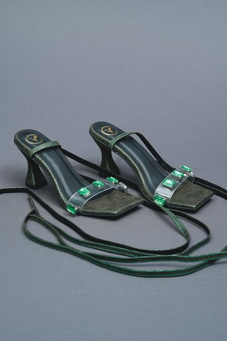 Shop Sana K luxurious Footwear Green Crystals Stone Embellished Animal Skin Gladiator Heels at Aza Fashions Shop_Sana K luxurious Footwear_Green Crystals Stone Embellished Animal Skin Gladiator Heels _at_Aza_Fashions
