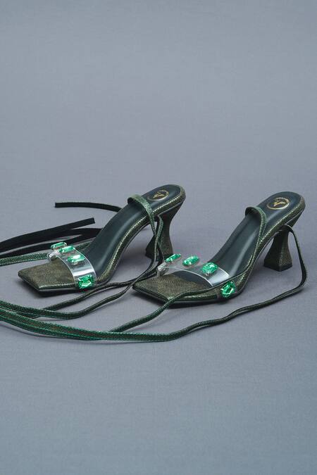 Sana K luxurious Footwear Green Crystals Stone Embellished Animal Skin Gladiator Heels Online at Aza Fashions Sana K luxurious Footwear_Green Crystals Stone Embellished Animal Skin Gladiator Heels _Online_at_Aza_Fashions