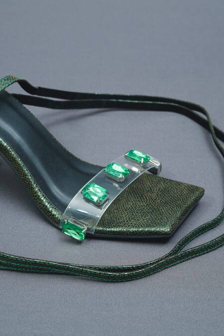 Shop Sana K luxurious Footwear Green Crystals Stone Embellished Animal Skin Gladiator Heels Online at Aza Fashions Shop_Sana K luxurious Footwear_Green Crystals Stone Embellished Animal Skin Gladiator Heels _Online_at_Aza_Fashions