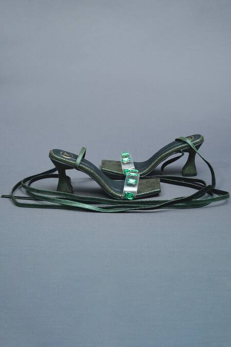 Sana K luxurious Footwear Green Crystals Stone Embellished Animal Skin Gladiator Heels at Aza Fashions Sana K luxurious Footwear_Green Crystals Stone Embellished Animal Skin Gladiator Heels _at_Aza_Fashions