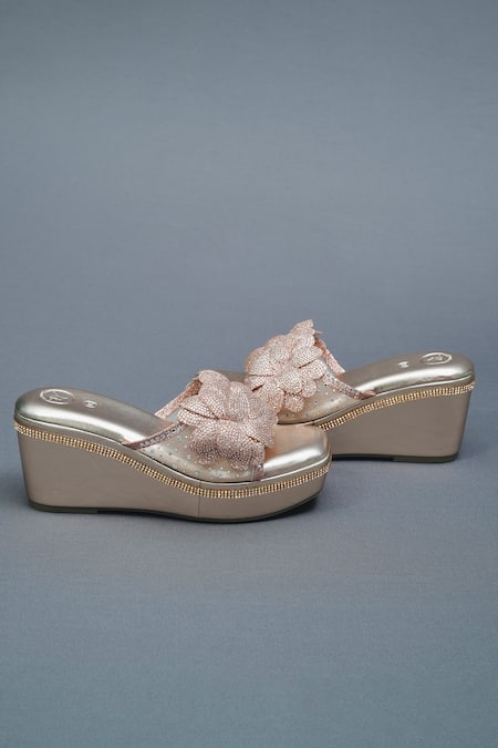Buy Rose Gold Stone Embellished Petal Bloom Wedge Heels by Sana K