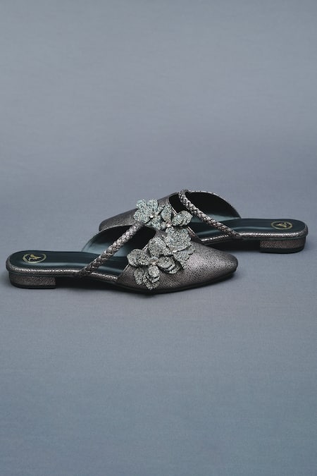 Shop Sana K luxurious Footwear Grey Zilly Metallic Bloom Mules Flats at Aza Fashions Shop_Sana K luxurious Footwear_Grey Zilly Metallic Bloom Mules Flats _at_Aza_Fashions